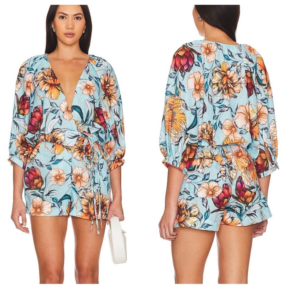 Agua Bendita X Revolve Linnea Romper in Doux Blue Floral Womens Small NWT